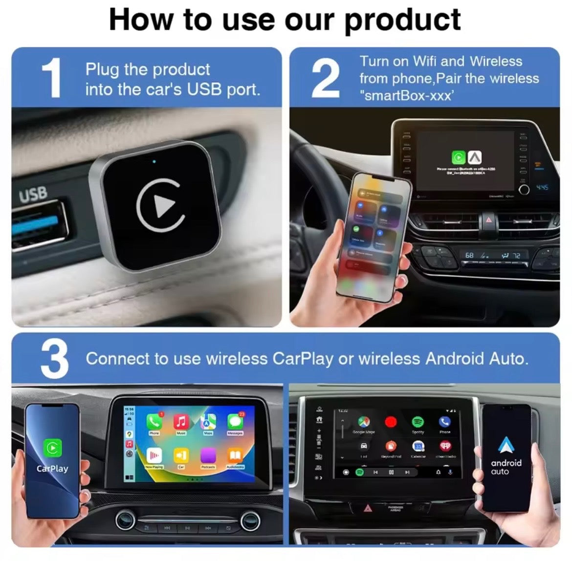 Wireless CarPlay & Android Auto Adapter- Plug & Play Conversion