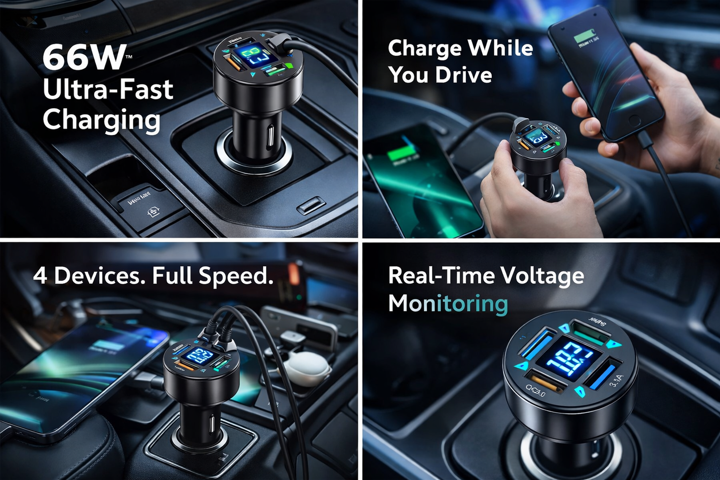 NEXILO™ 66W Ultra-Fast Car Charger - 4-Port Power Hub with LED Display
