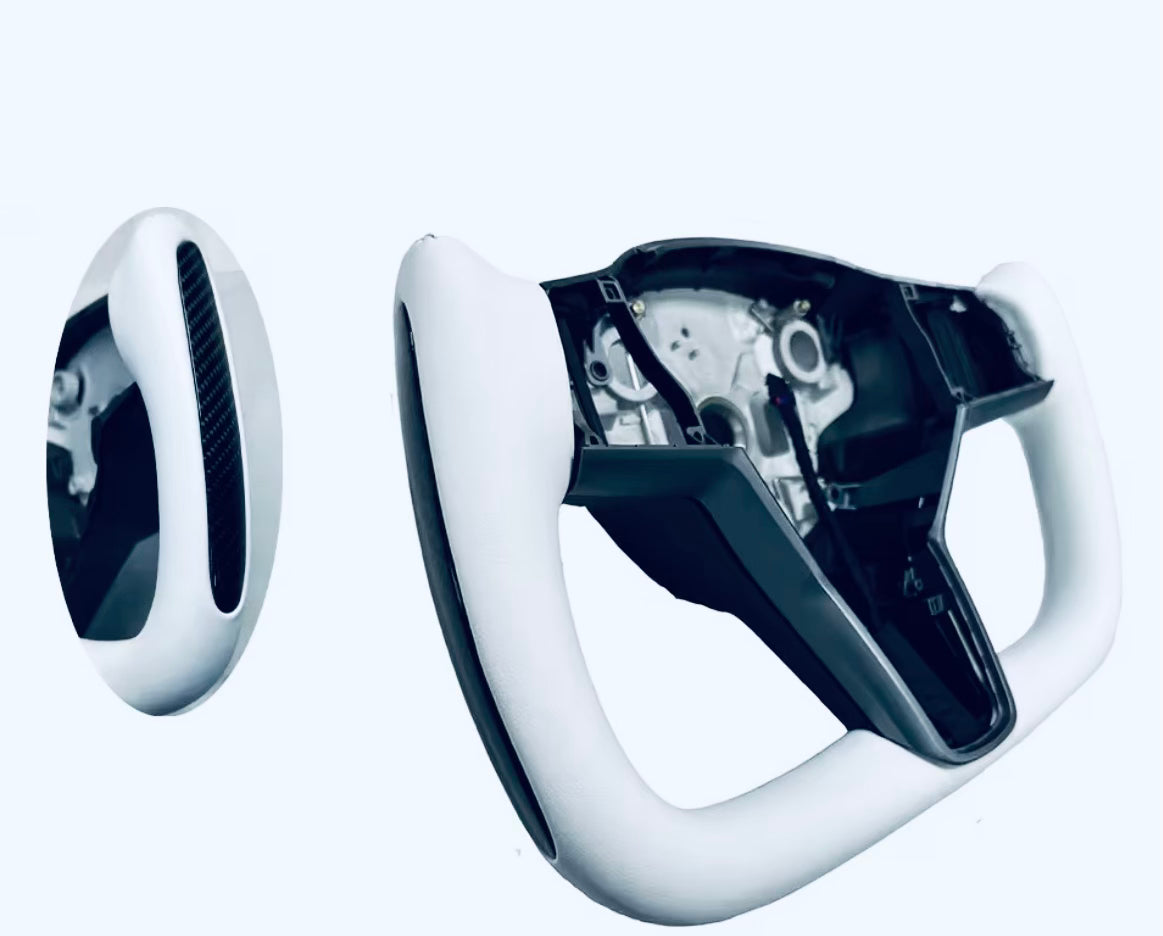 Custom WHITE TESLA Steering Wheel Carbon & NAPPA Leather & Heating NEW MODEL Y